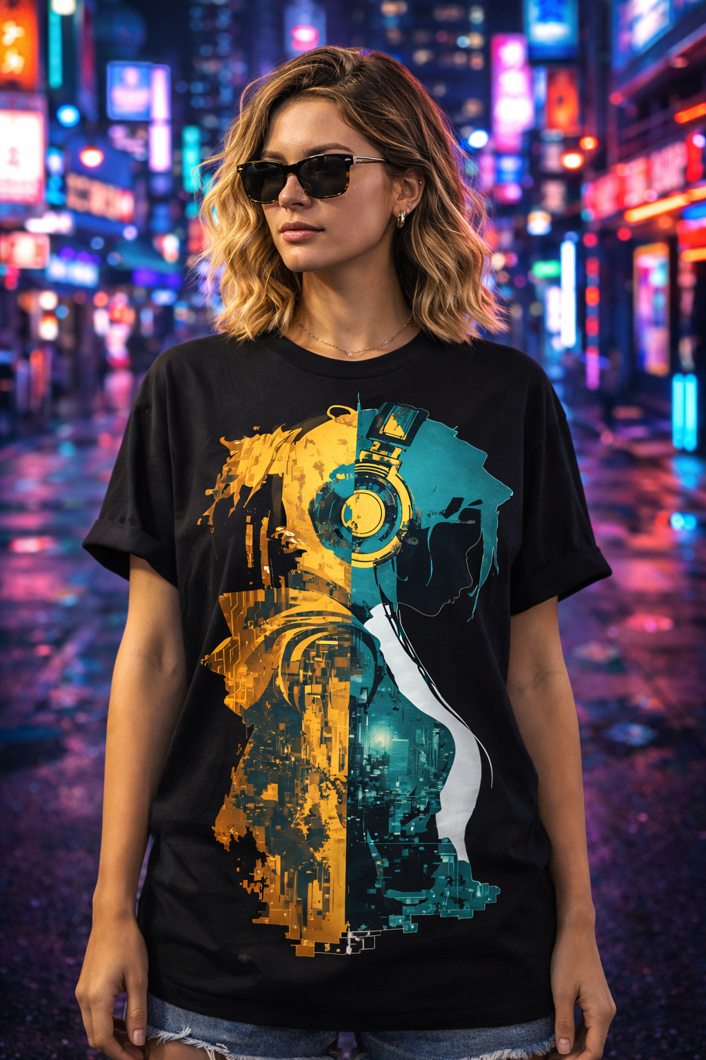 Neon Cyberpunk Girl Graphic T-Shirt | Futuristic Anime Streetwear