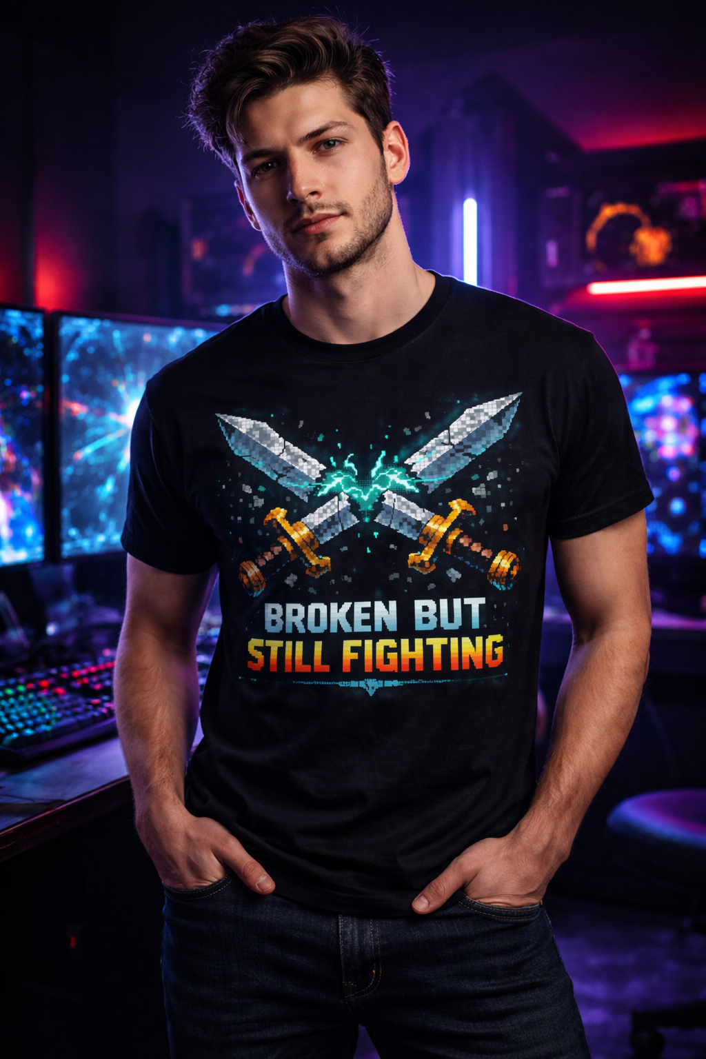 Broken But Still Fighting Pixel Sword Graphic T-Shirt