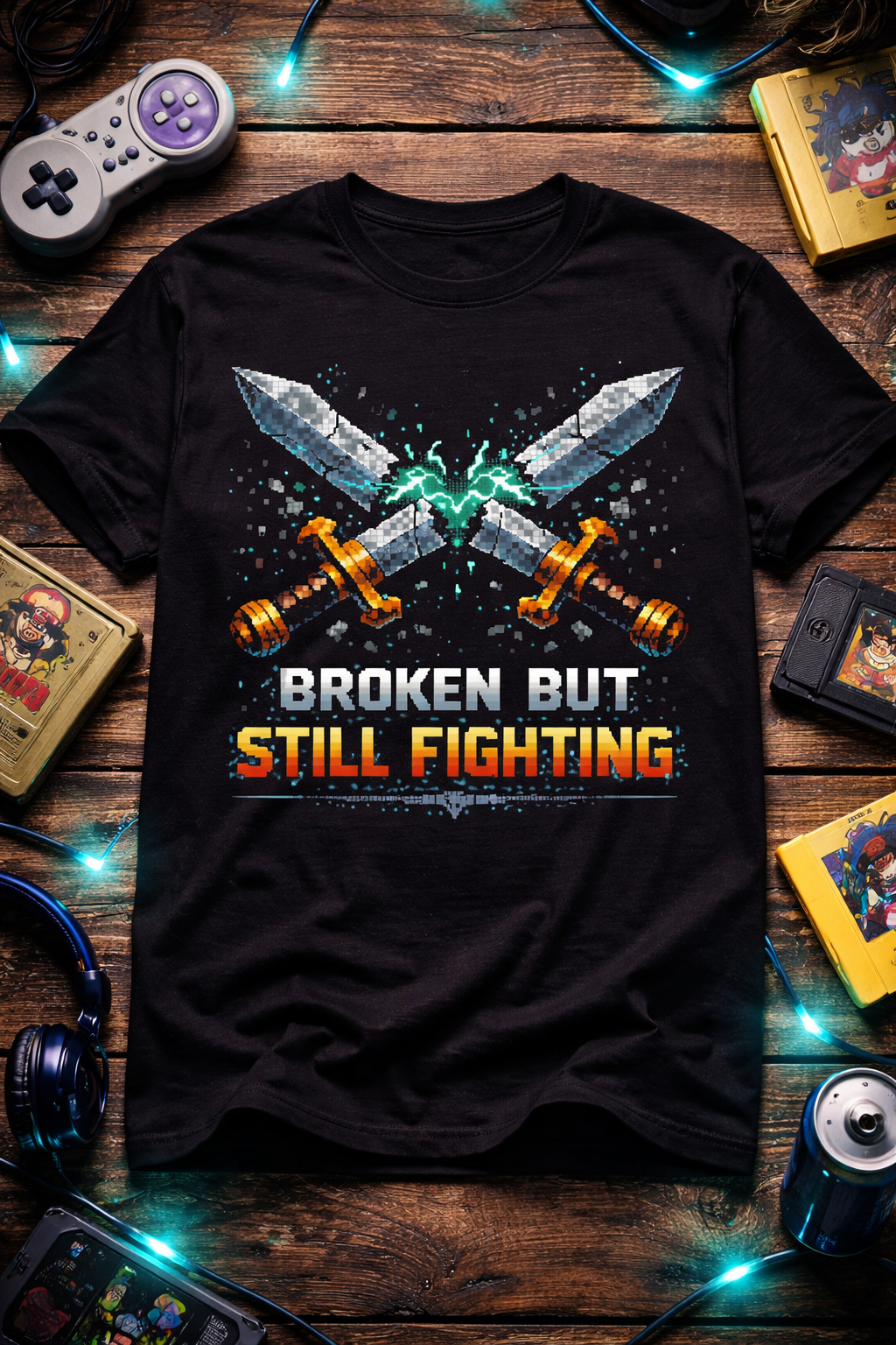 Broken But Still Fighting Pixel Sword Graphic T-Shirt