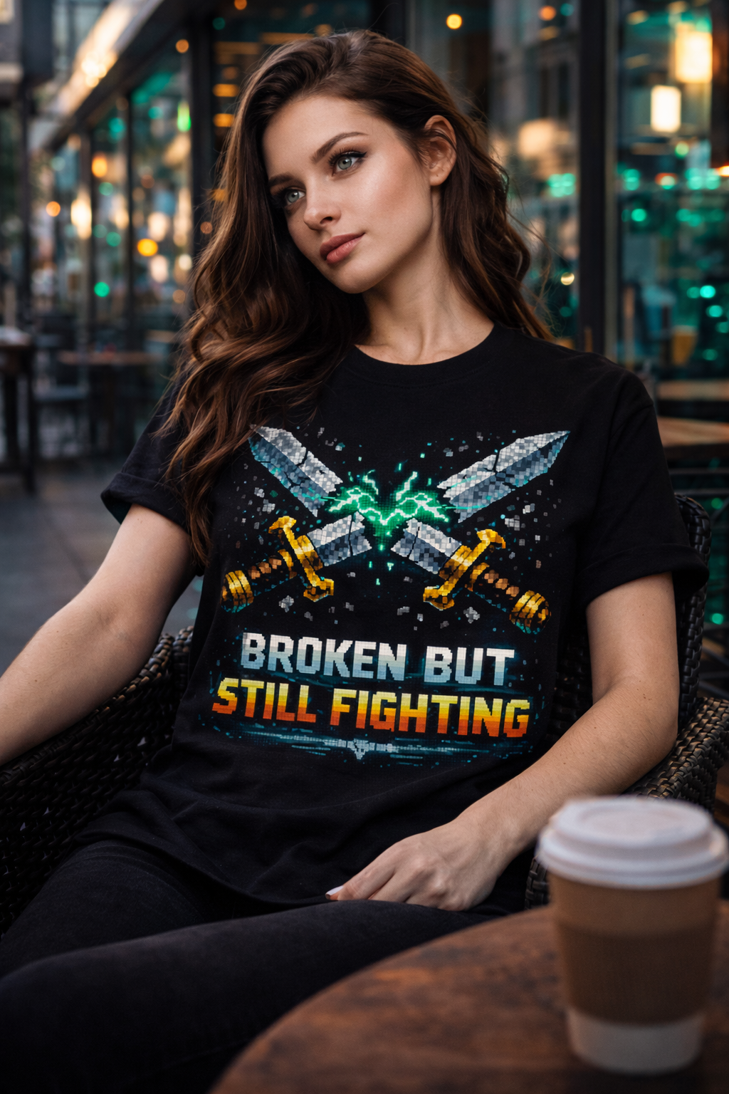 Broken But Still Fighting Pixel Sword Graphic T-Shirt