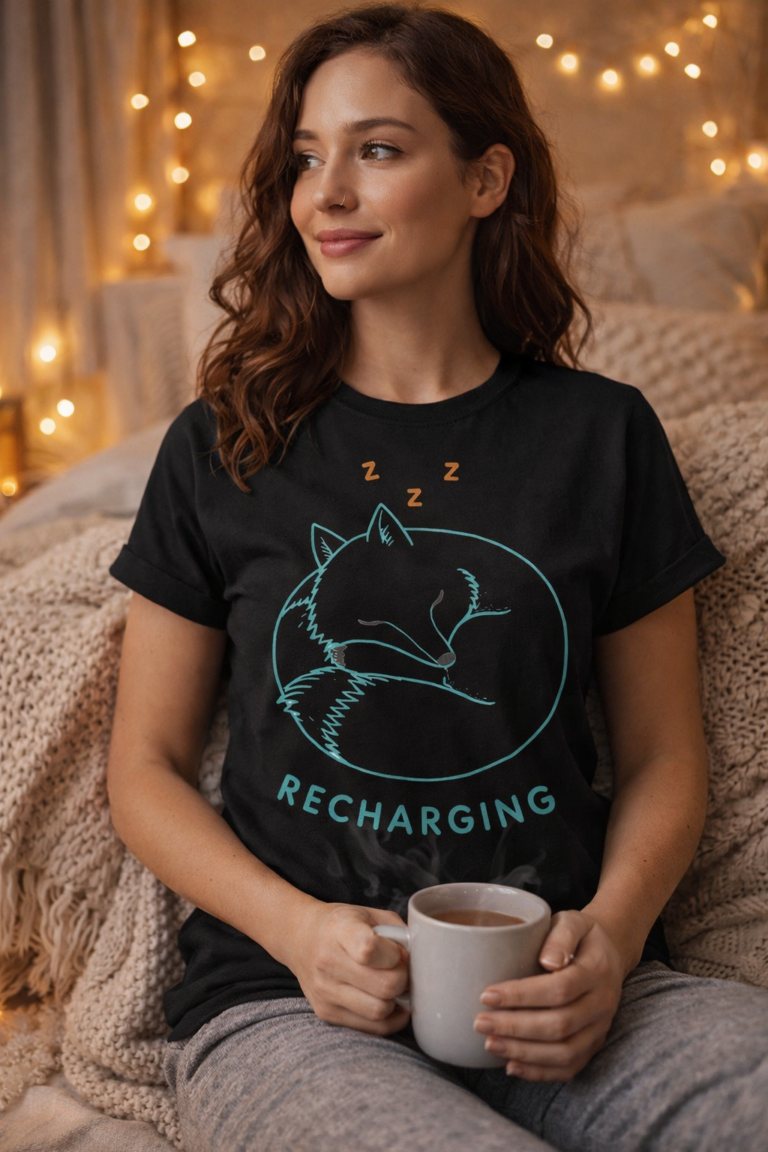 Recharging Sleeping Fox Single Line Art T-Shirt