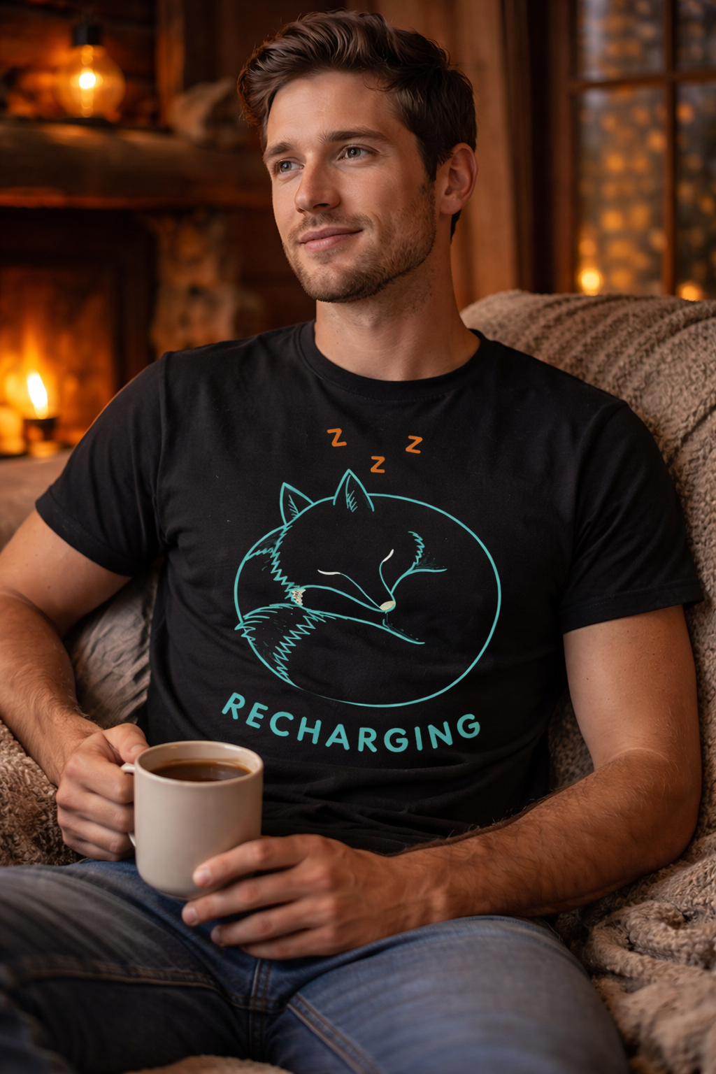 Recharging Sleeping Fox Single Line Art T-Shirt