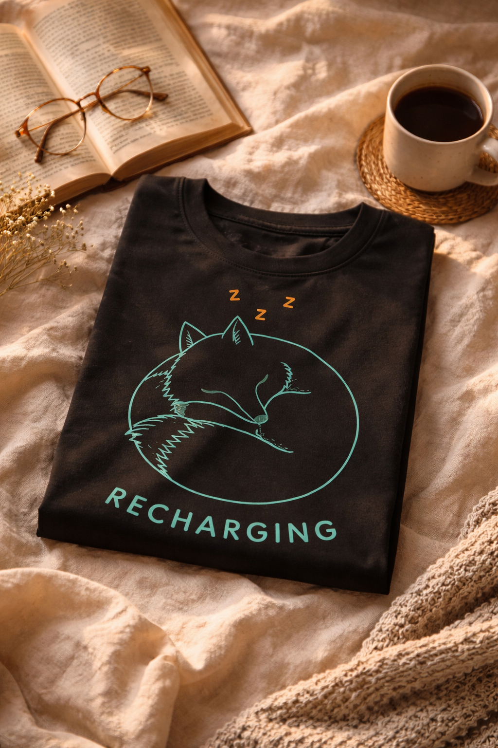 Recharging Sleeping Fox Single Line Art T-Shirt