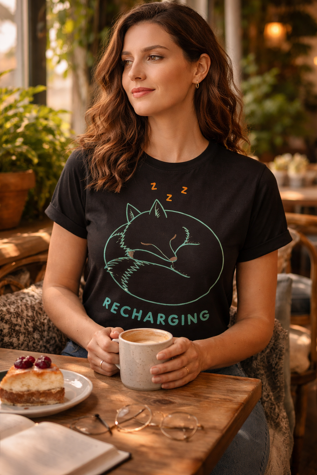 Recharging Sleeping Fox Single Line Art T-Shirt