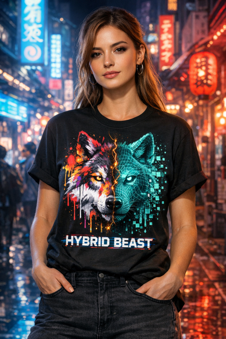 Hybrid Beast Cyberpunk Graffiti Wolf T-Shirt