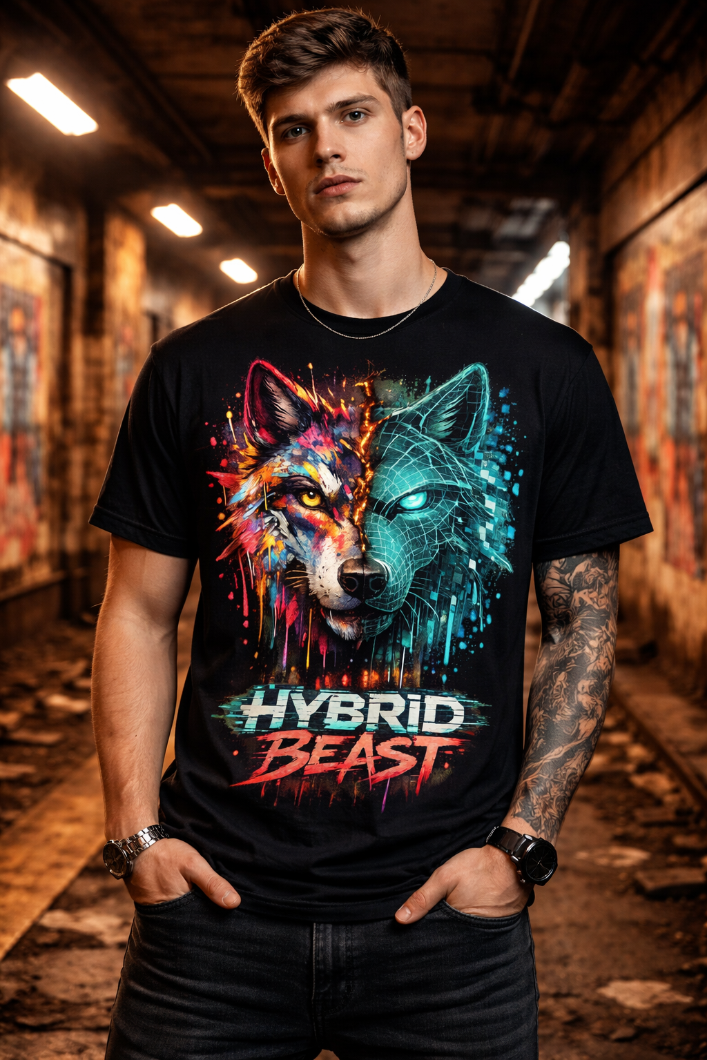 Hybrid Beast Cyberpunk Graffiti Wolf T-Shirt