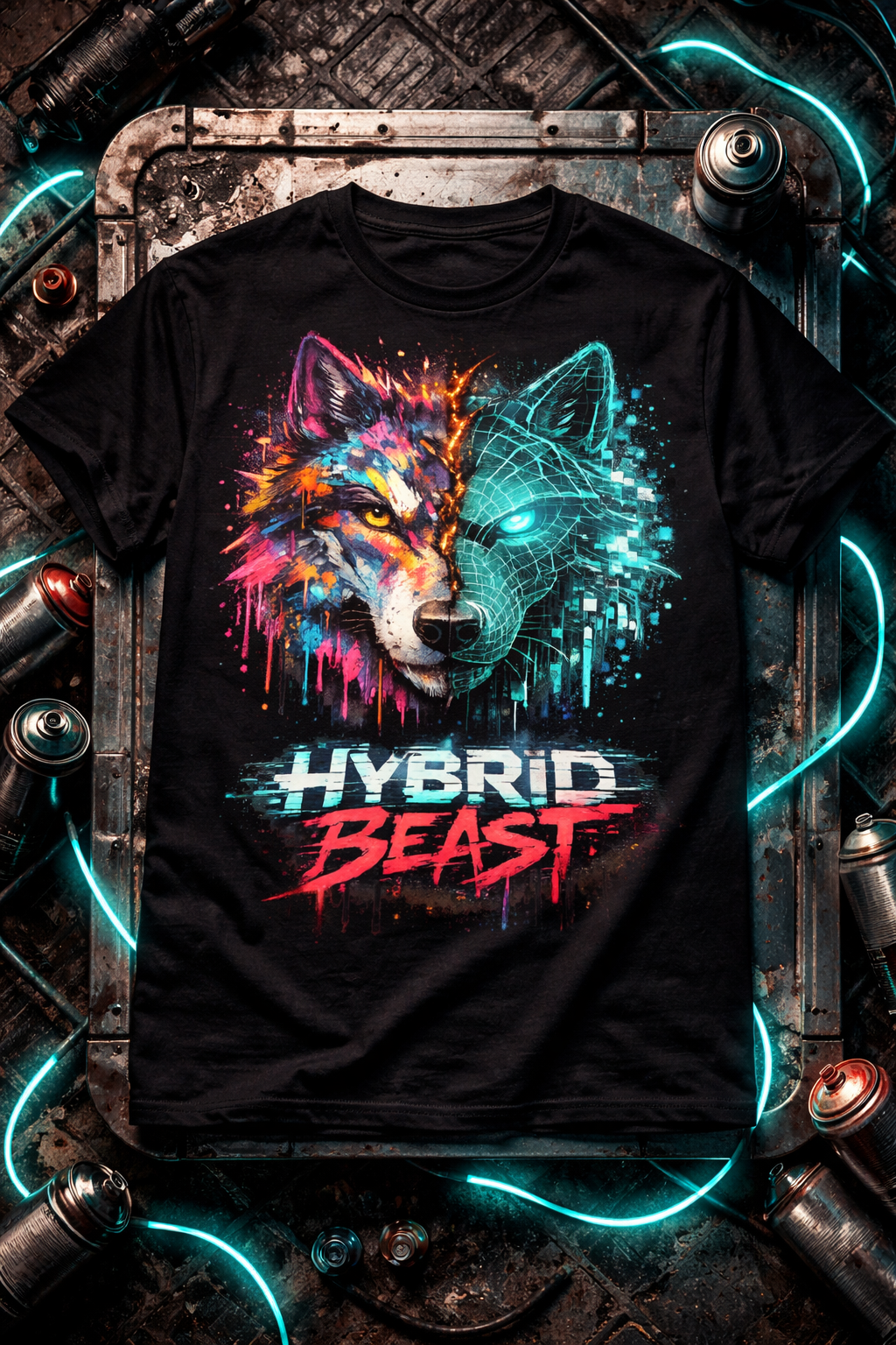 Hybrid Beast Cyberpunk Graffiti Wolf T-Shirt