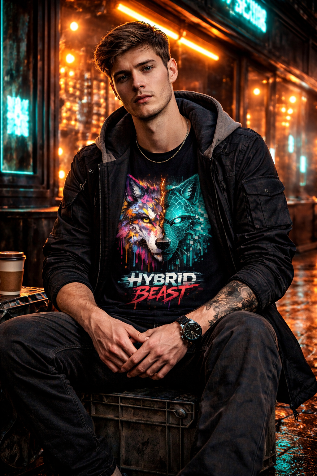 Hybrid Beast Cyberpunk Graffiti Wolf T-Shirt