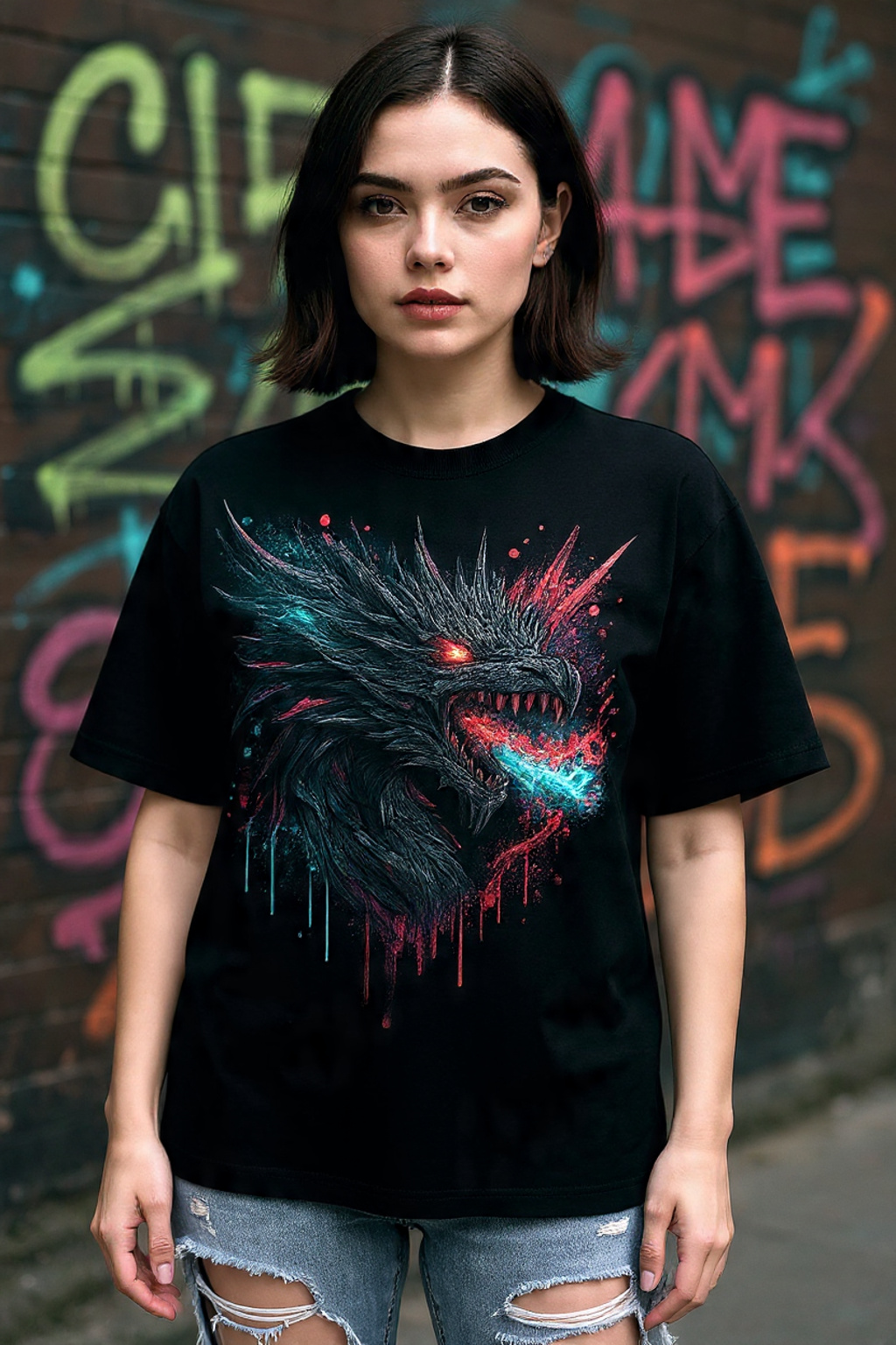Cyber Dragon Unleashed – Dark Fantasy Neon Splash Art | Red & Teal Gothic Dragon