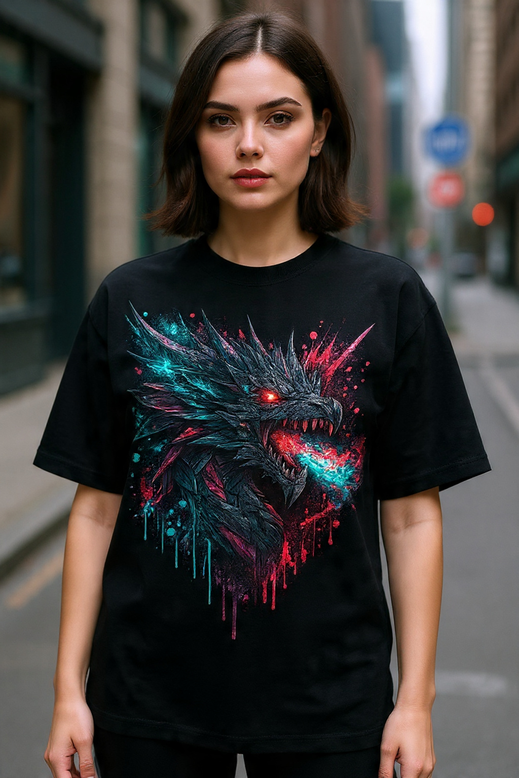 Cyber Dragon Unleashed – Dark Fantasy Neon Splash Art | Red & Teal Gothic Dragon