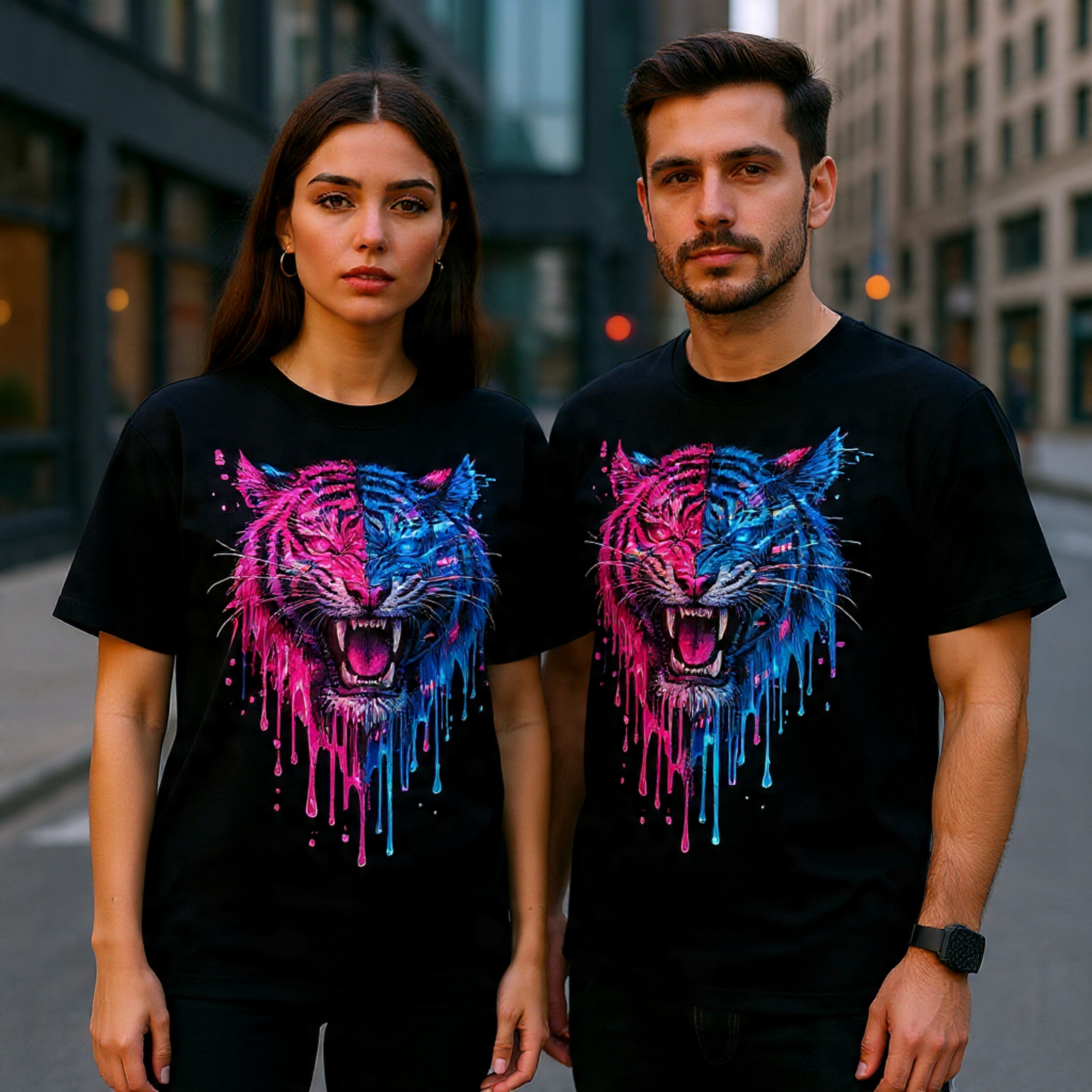 Futuristic Glitch Tiger T-Shirt – Neon Cyberpunk Wild Cat Drip Art