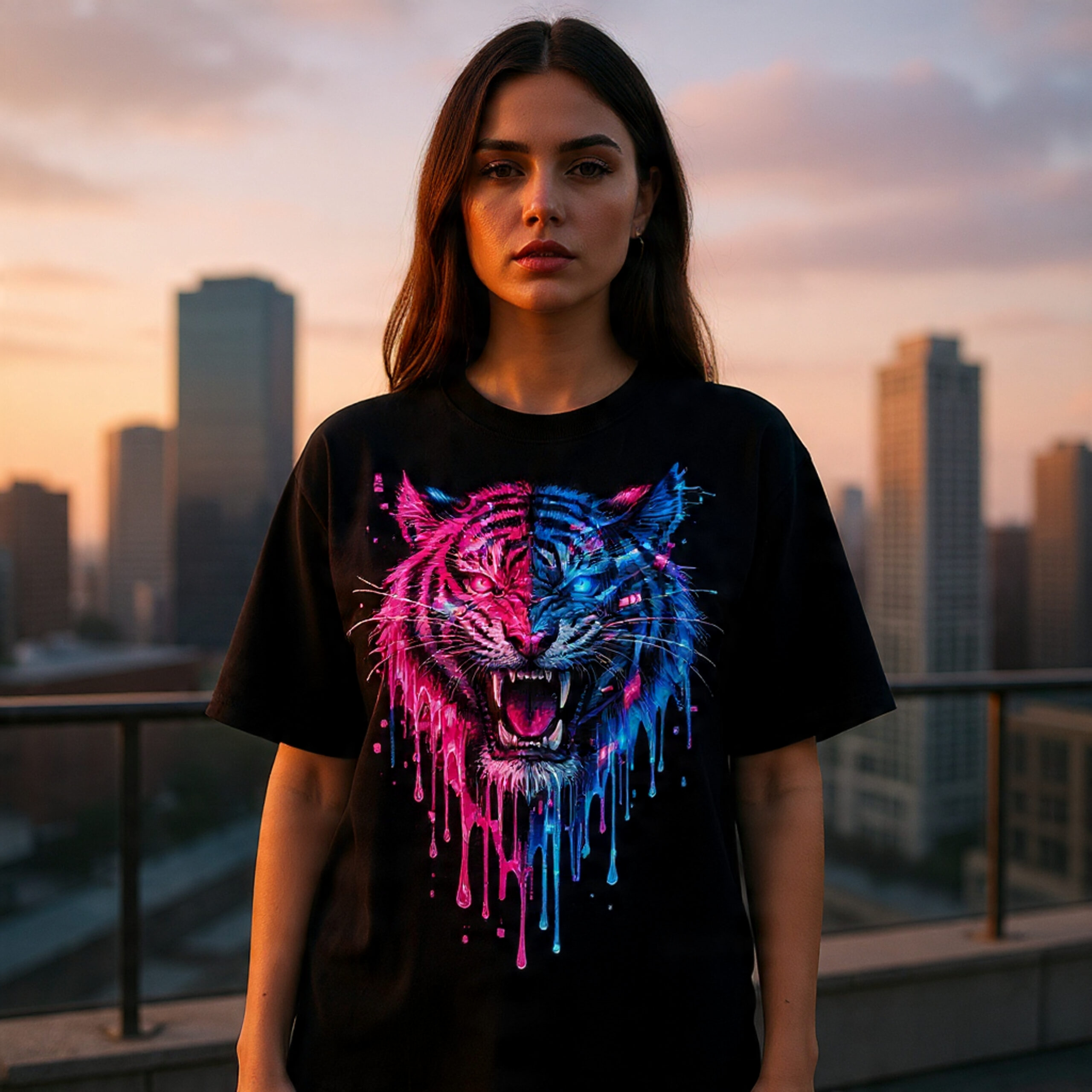 Futuristic Glitch Tiger T-Shirt – Neon Cyberpunk Wild Cat Drip Art