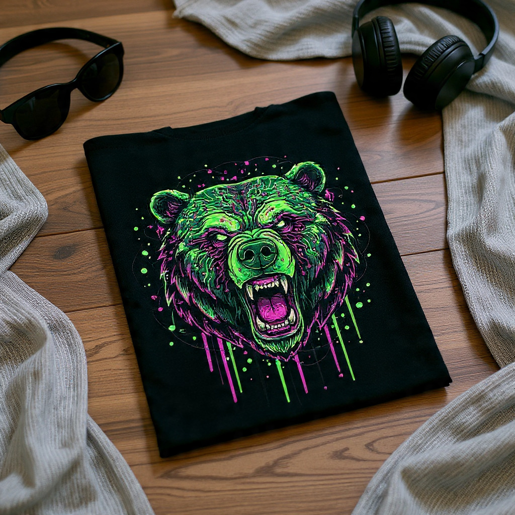 Neon Cyber Bear Head – Futuristic Cyberpunk Streetwear Graphic Design