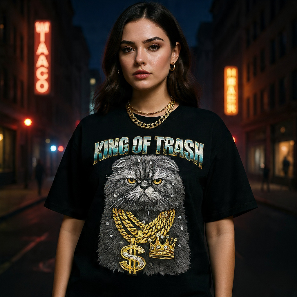 King of Trash Funny Gangster Cat T-Shirt – Gold Chain Hip Hop Cat Gift