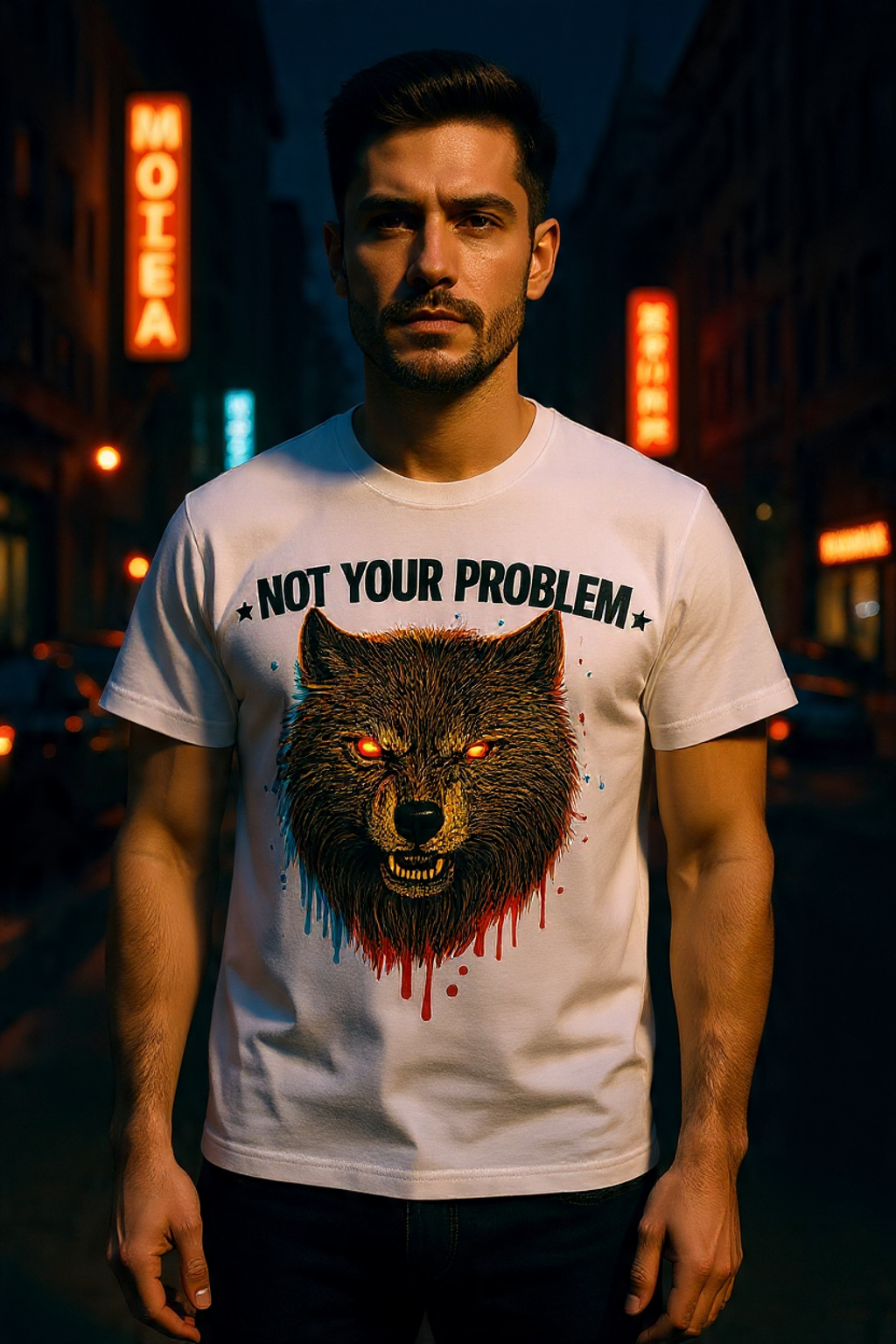 Wolf Streetwear Graphic – NOT YOUR PROBLEM Fierce Neon Wolf Head