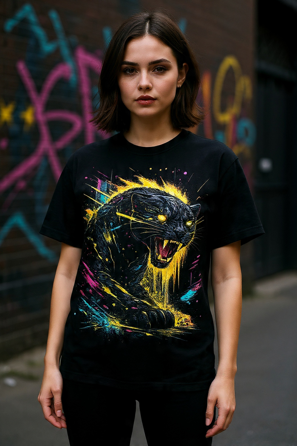 Cyberpunk Panther Neon Streetwear Graphic T-Shirt