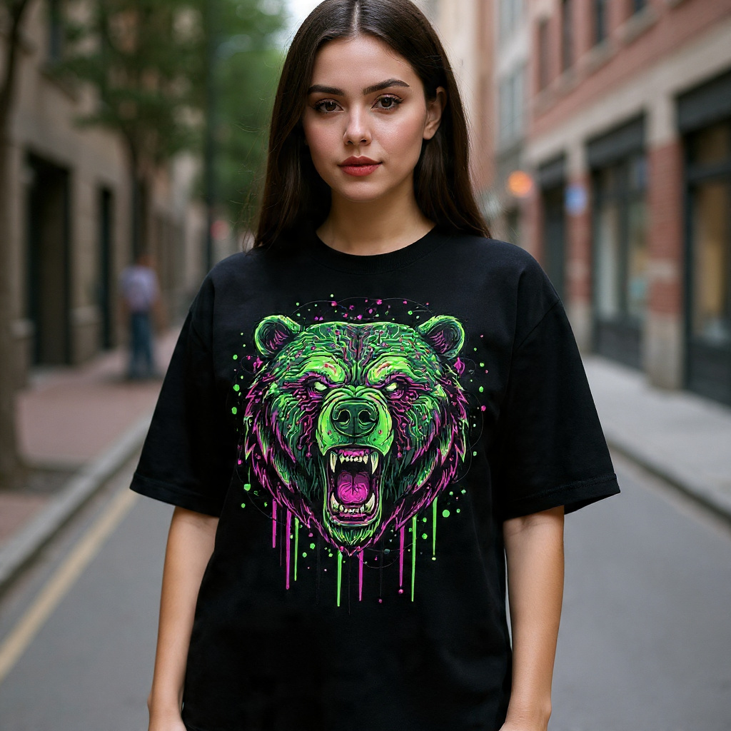 Neon Cyber Bear Head – Futuristic Cyberpunk Streetwear Graphic Design