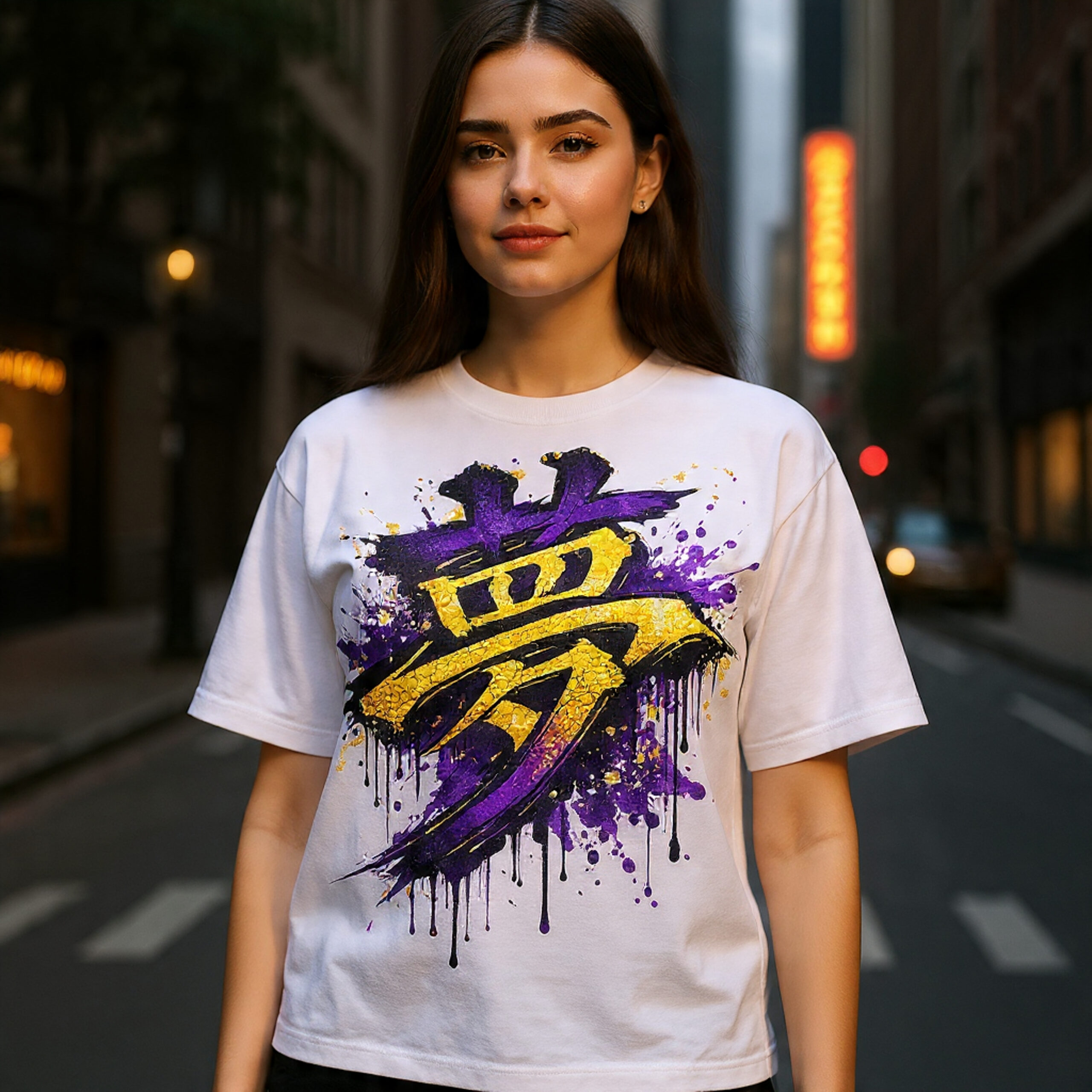 Dream Kanji Japanese Graffiti T-Shirt – Purple Gold Splash Streetwear