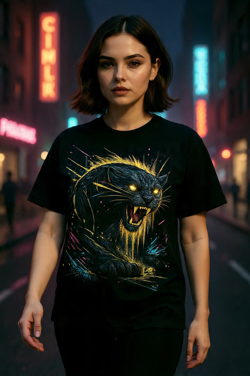 Cyberpunk Panther Neon Streetwear Graphic T-Shirt