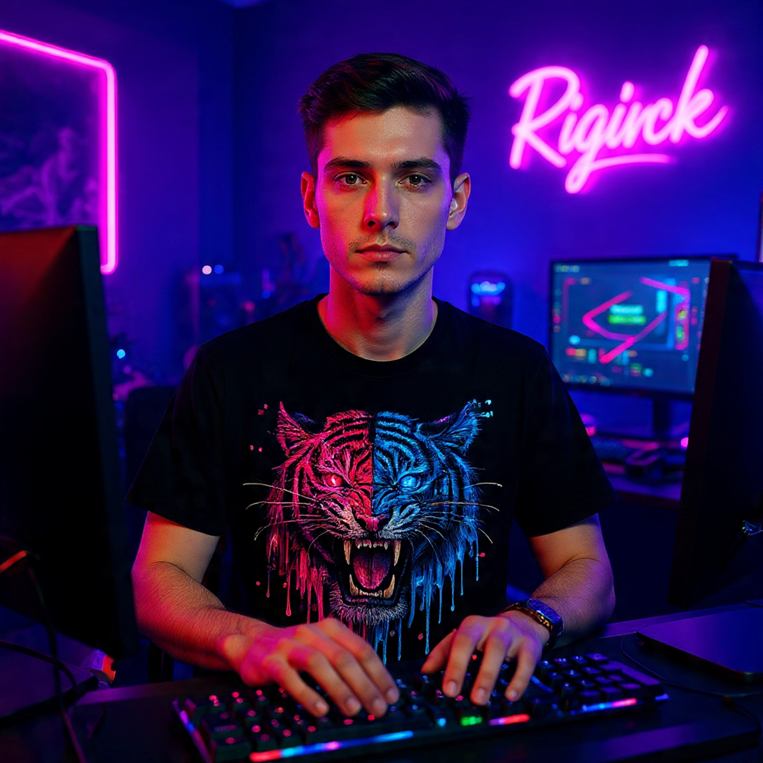 Futuristic Glitch Tiger T-Shirt – Neon Cyberpunk Wild Cat Drip Art