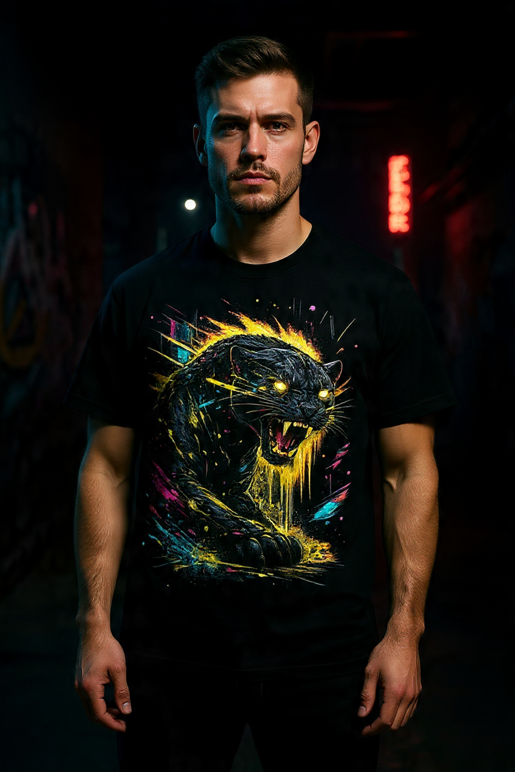 Cyberpunk Panther Neon Streetwear Graphic T-Shirt