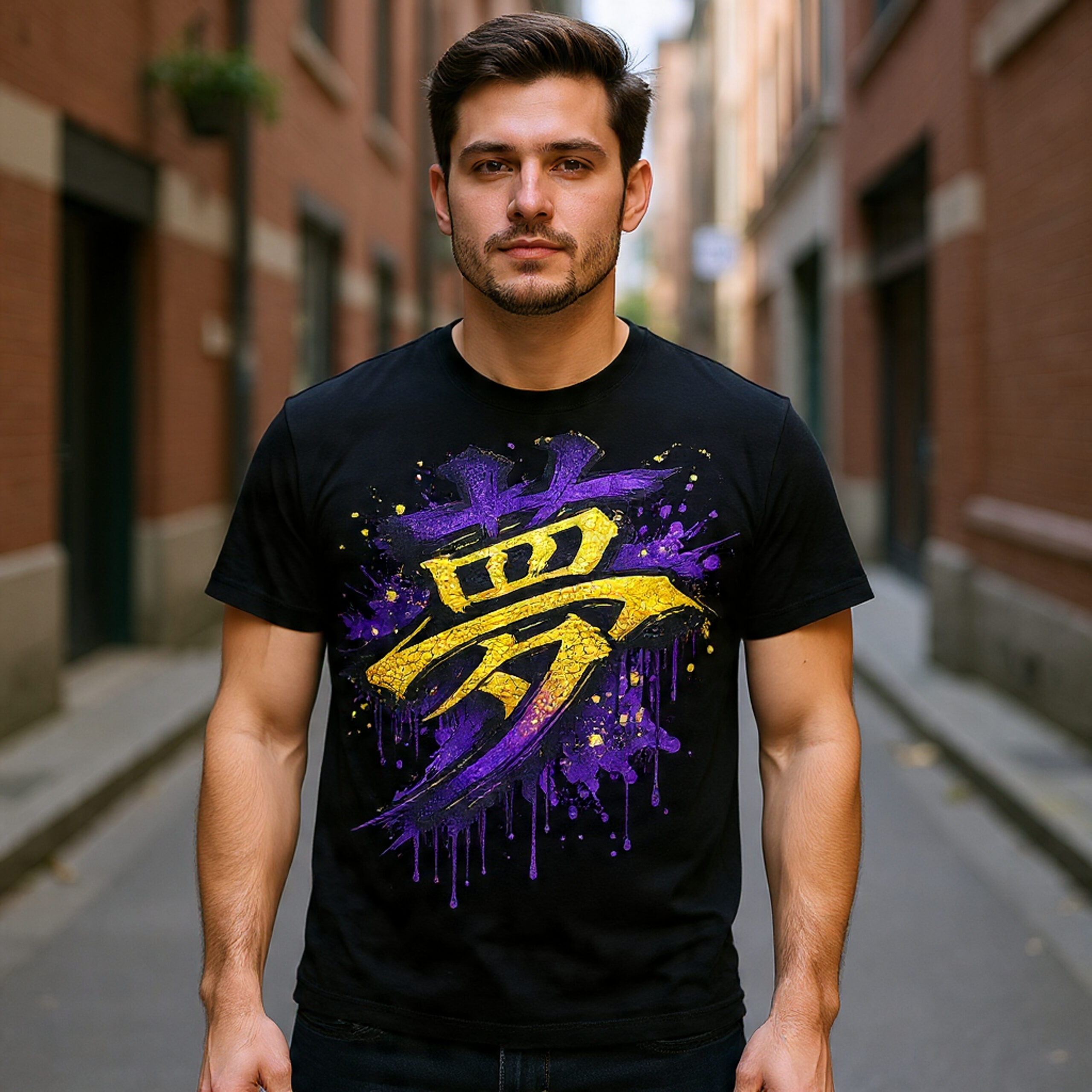 Dream Kanji Japanese Graffiti T-Shirt – Purple Gold Splash Streetwear