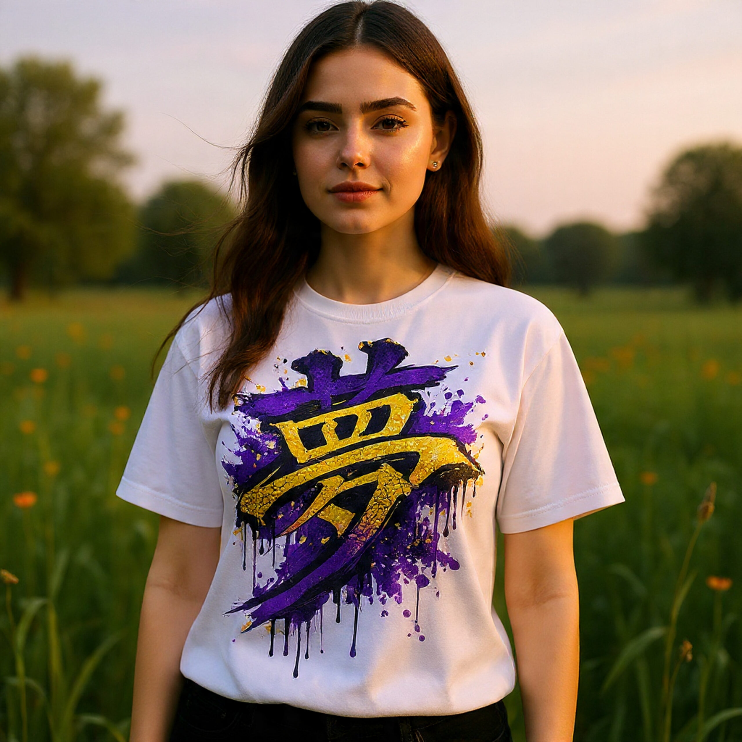 Dream Kanji Japanese Graffiti T-Shirt – Purple Gold Splash Streetwear