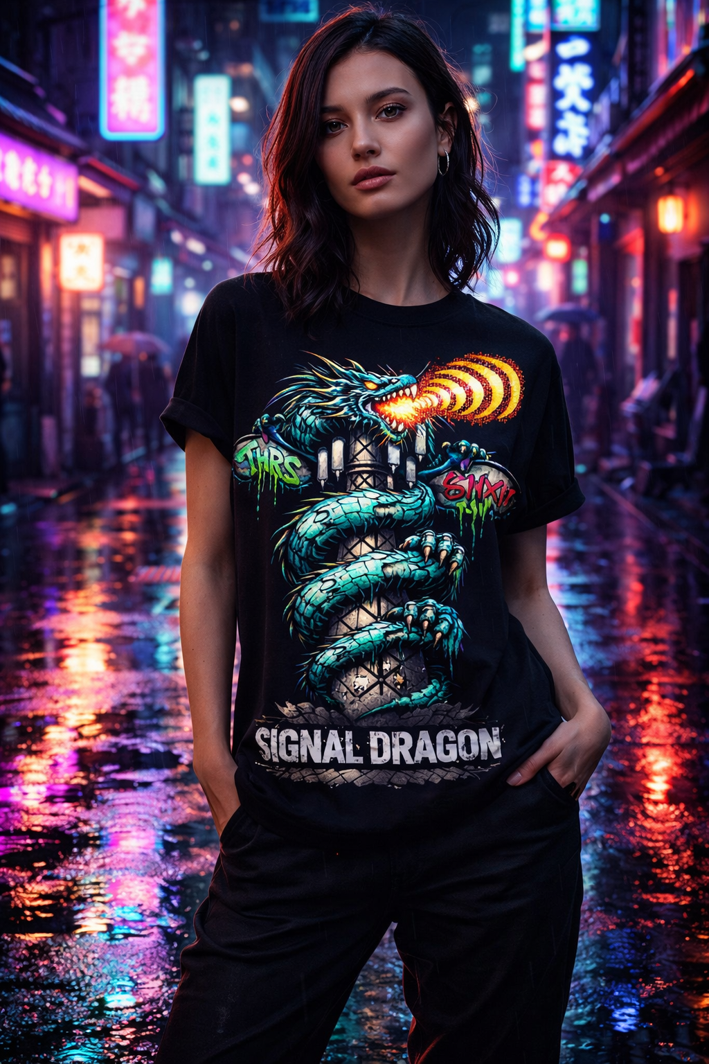 Cyberpunk Graffiti Dragon Cell Signal Streetwear T-Shirt