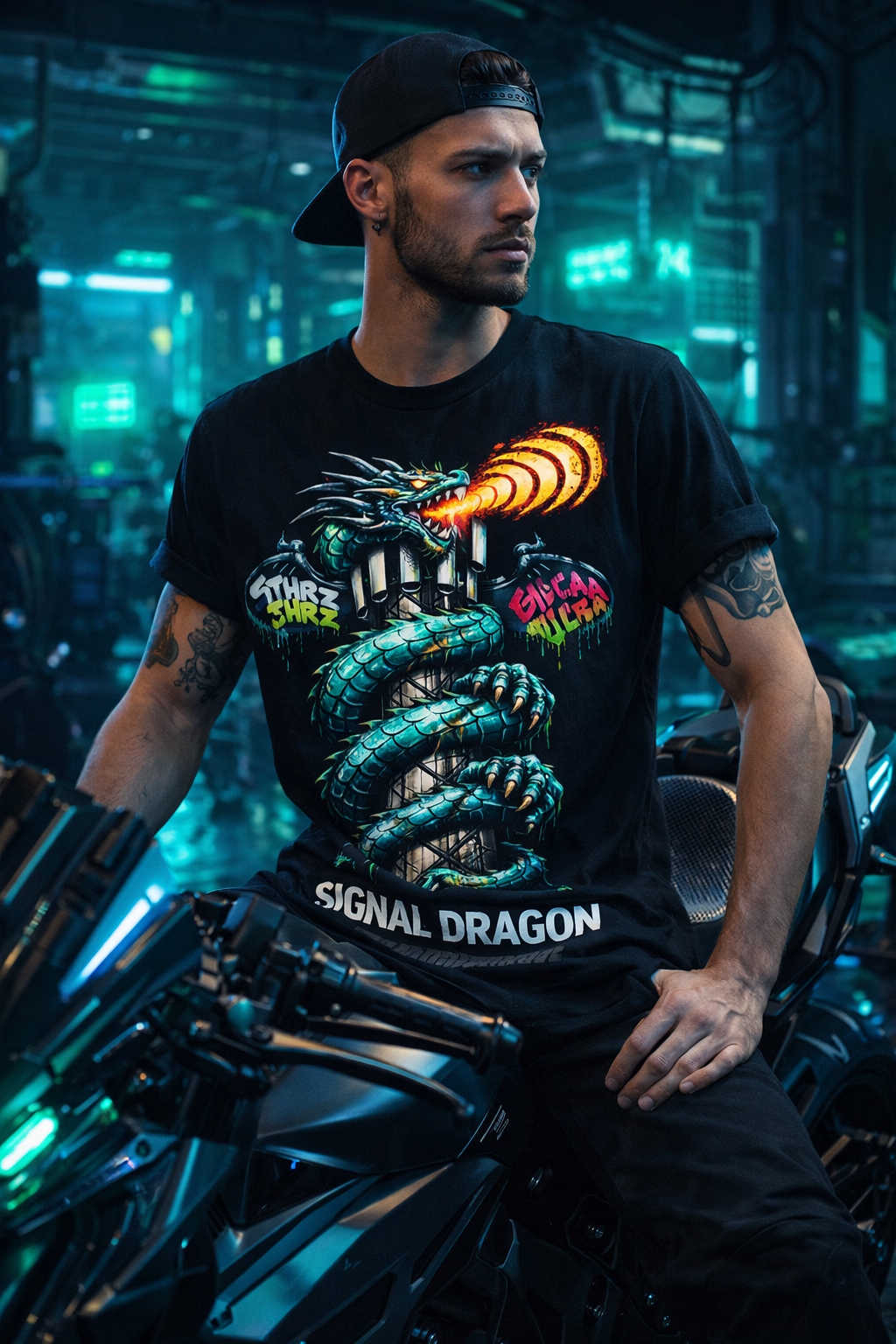 Cyberpunk Graffiti Dragon Cell Signal Streetwear T-Shirt