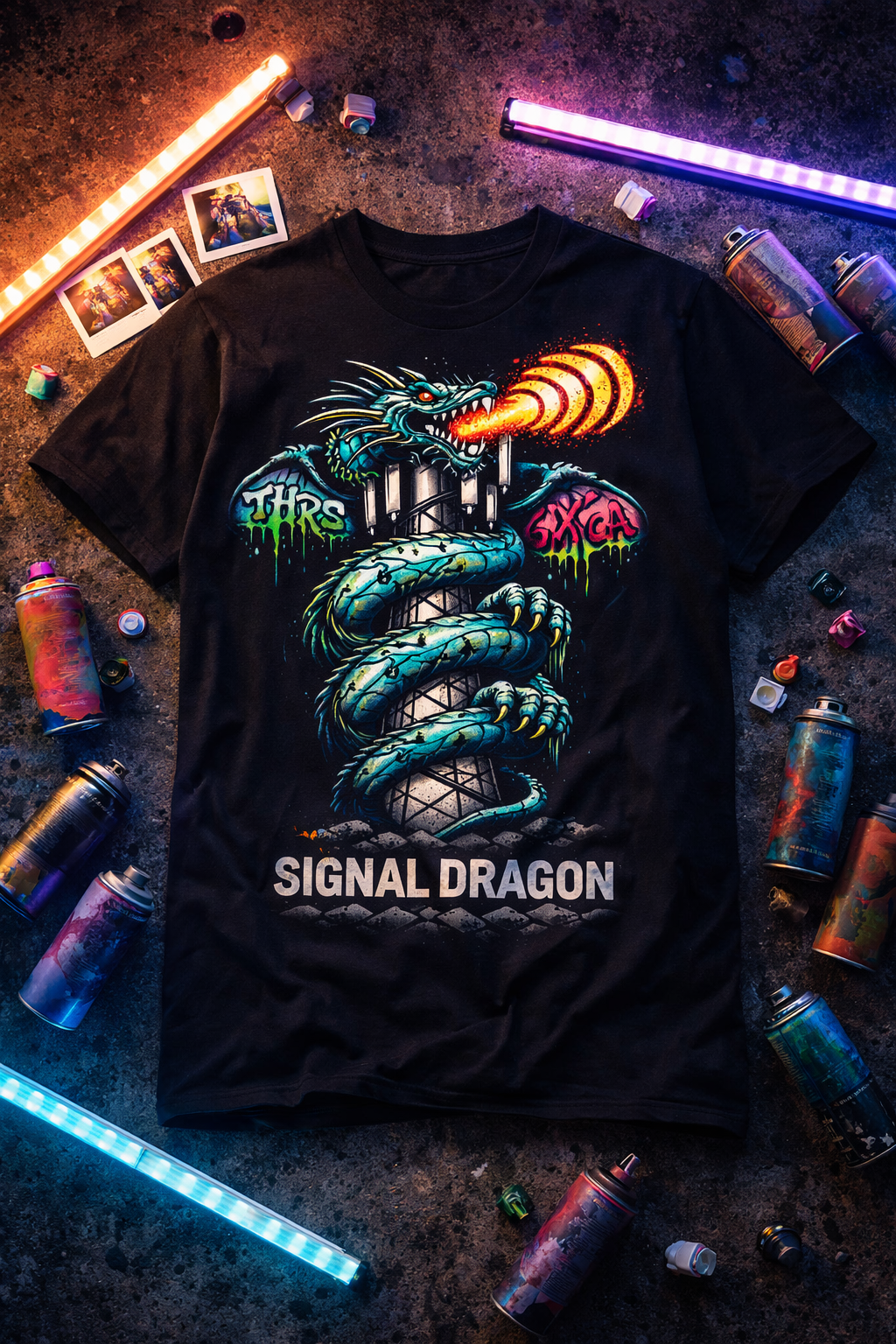 Cyberpunk Graffiti Dragon Cell Signal Streetwear T-Shirt
