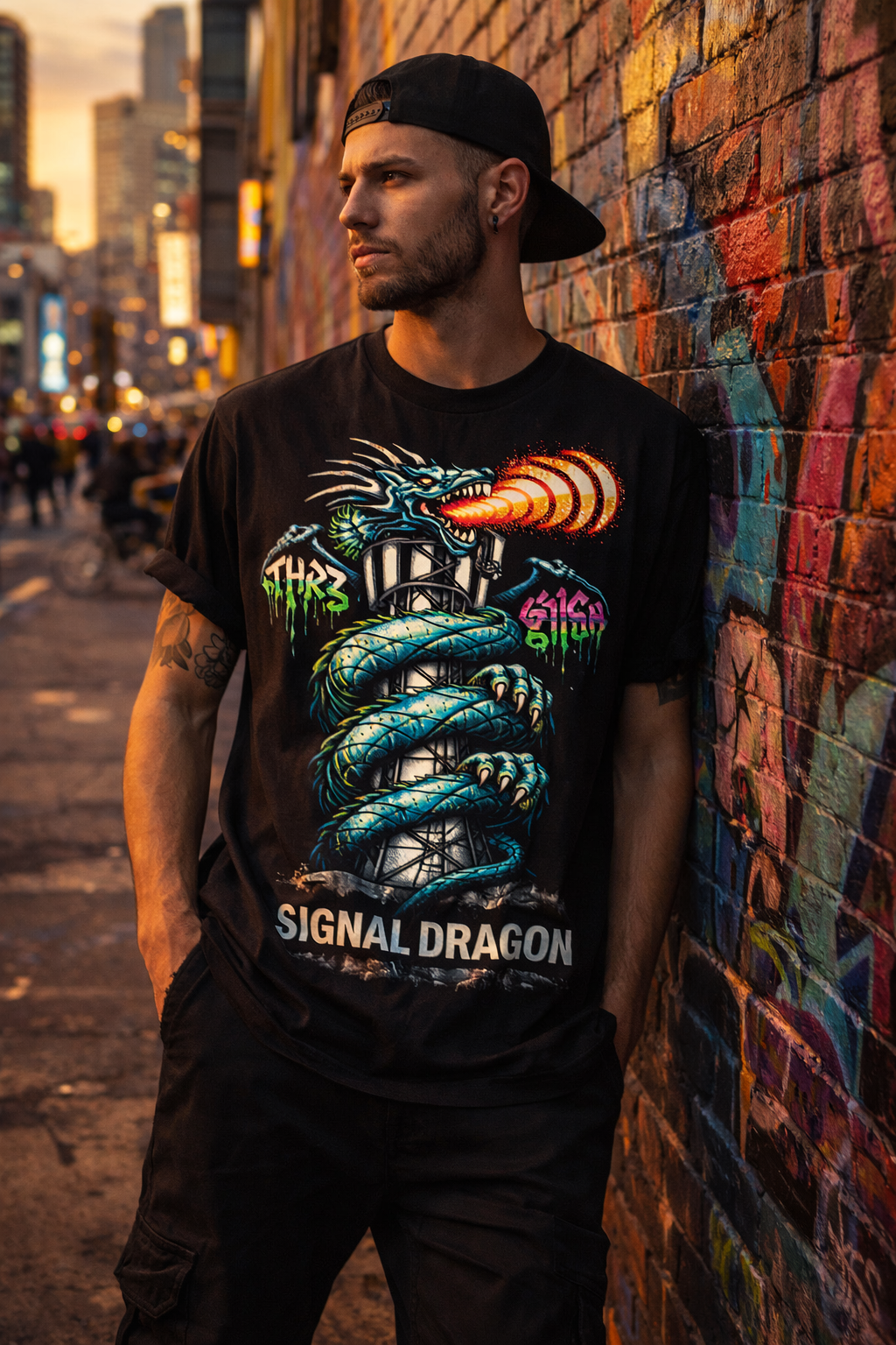 Cyberpunk Graffiti Dragon Cell Signal Streetwear T-Shirt