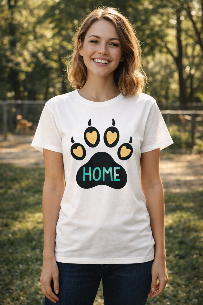 Emotional “HOME” Dog Paw Print T-Shirt with Amber Hearts