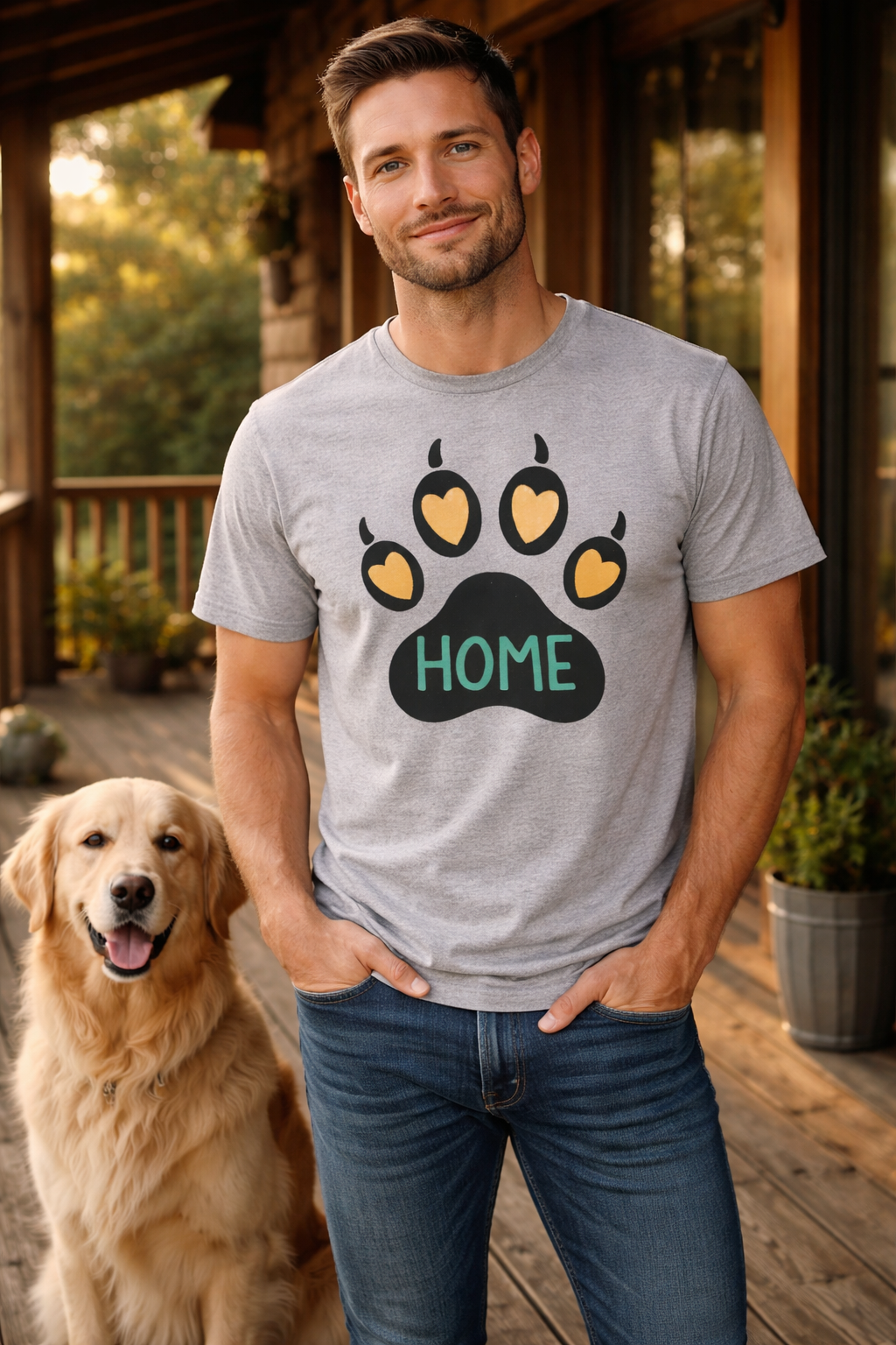 Emotional “HOME” Dog Paw Print T-Shirt with Amber Hearts
