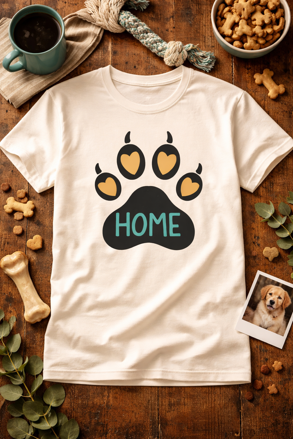 Emotional “HOME” Dog Paw Print T-Shirt with Amber Hearts