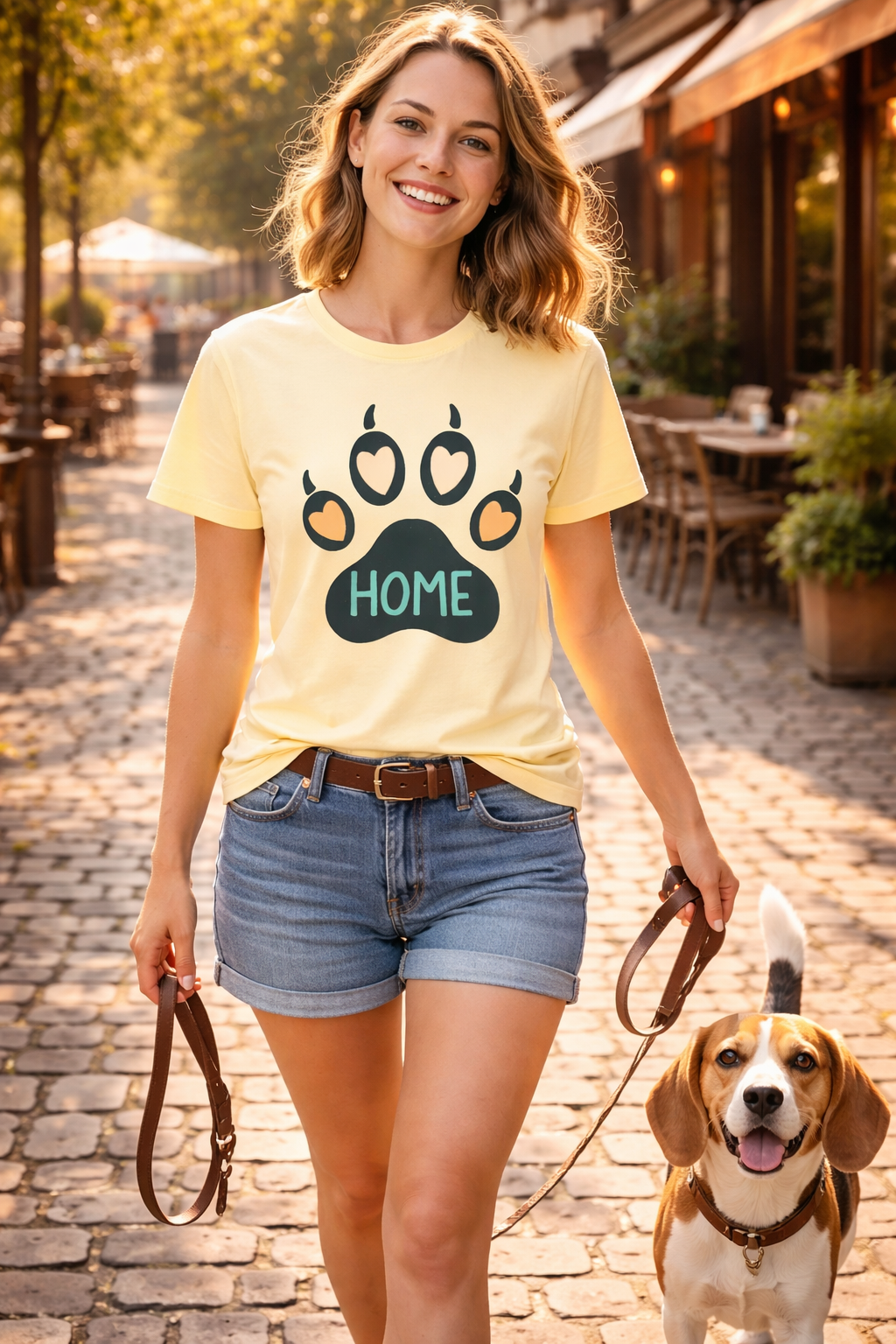 Emotional “HOME” Dog Paw Print T-Shirt with Amber Hearts