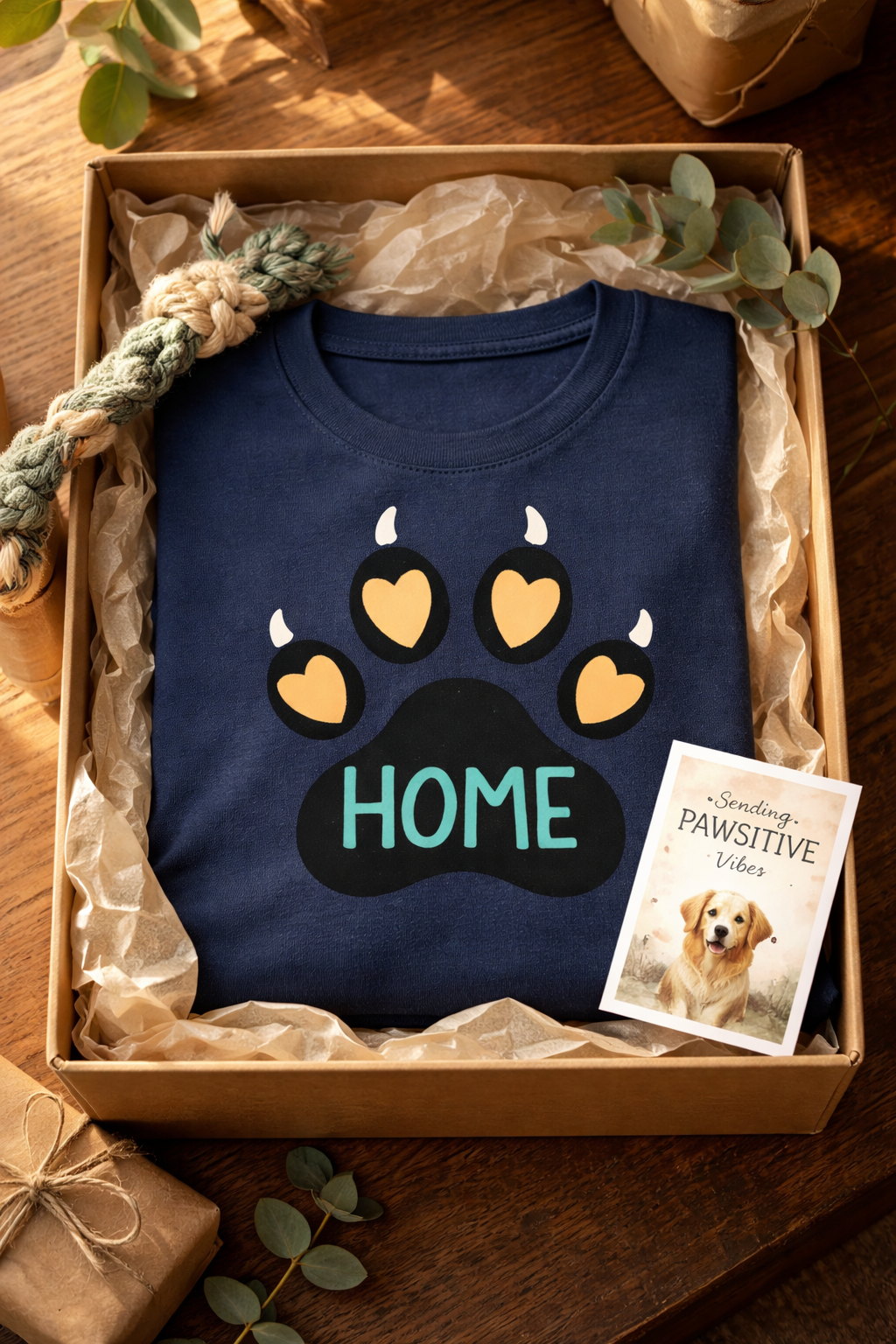 Emotional “HOME” Dog Paw Print T-Shirt with Amber Hearts