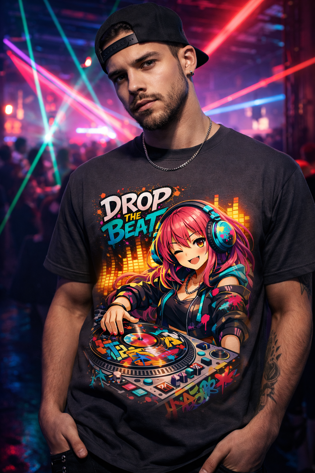 Anime DJ Girl Drop The Beat Cyberpunk Graphic T-Shirt