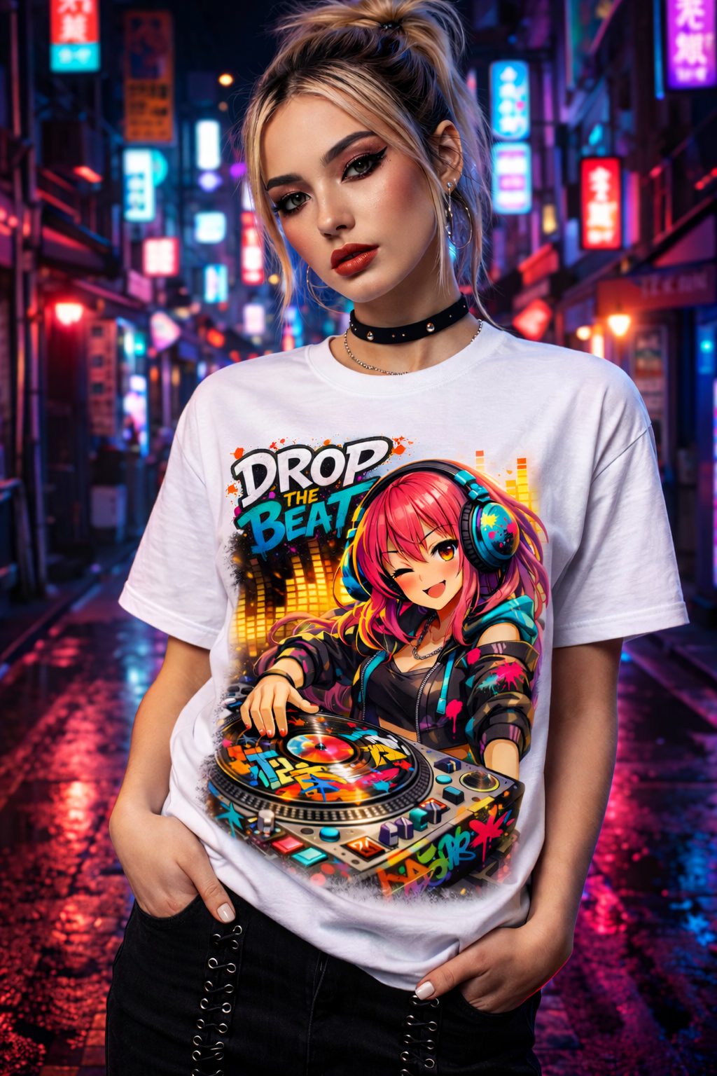 Anime DJ Girl Drop The Beat Cyberpunk Graphic T-Shirt