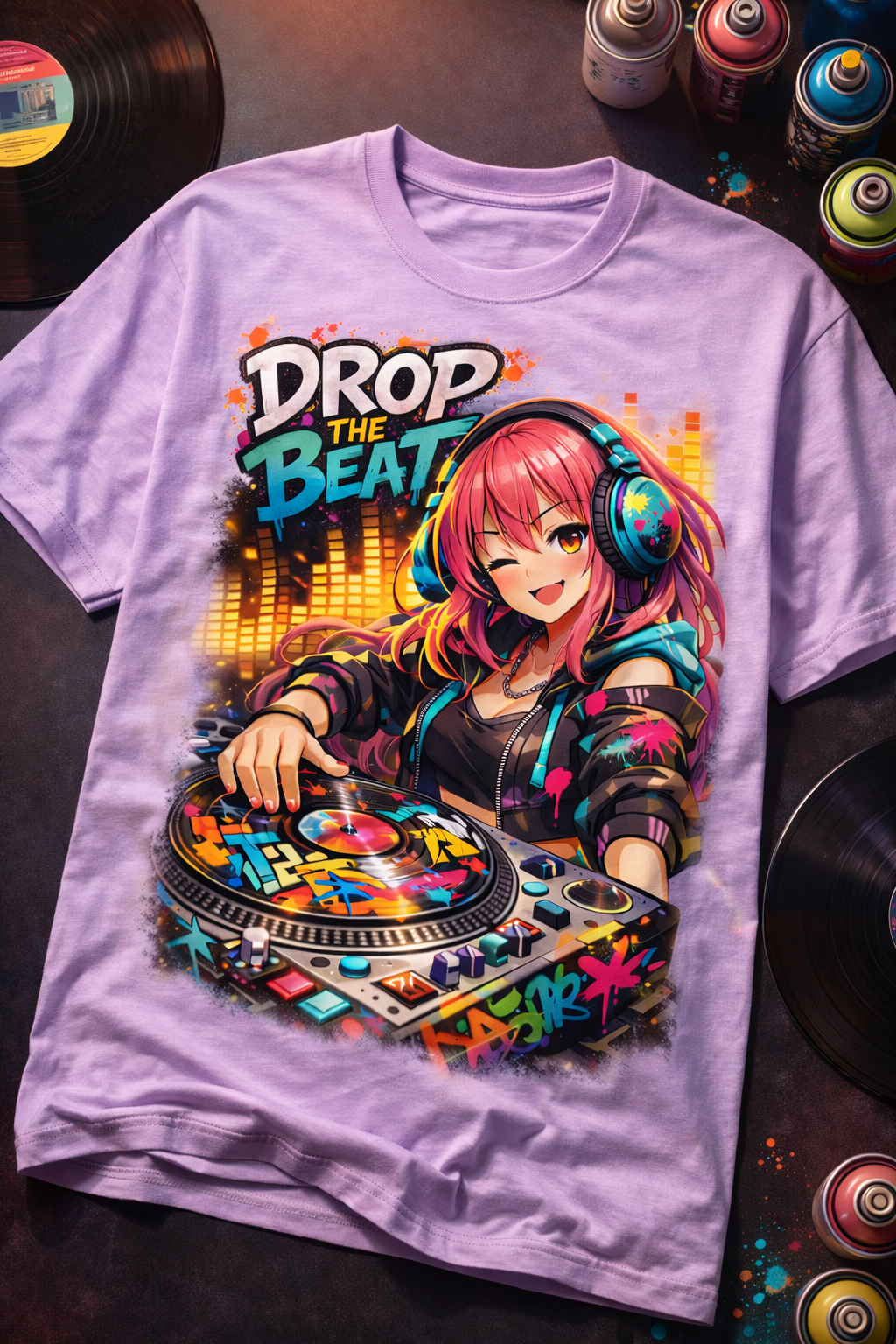 Anime DJ Girl Drop The Beat Cyberpunk Graphic T-Shirt
