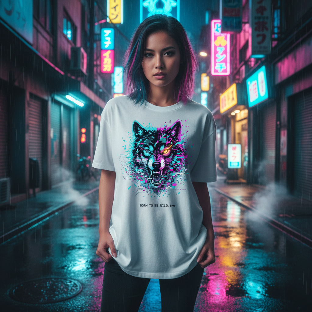 Glitchcore Cyberpunk Wolf Head ‘BORN TO BE WILD.exe’ T-Shirt