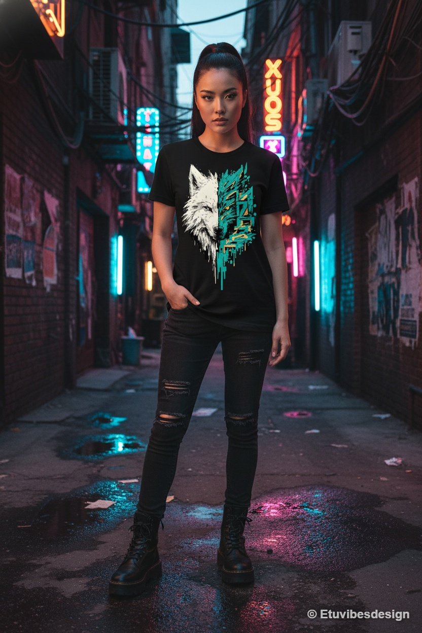 Cyber Graffiti Split Wolf Head Graphic T-Shirt