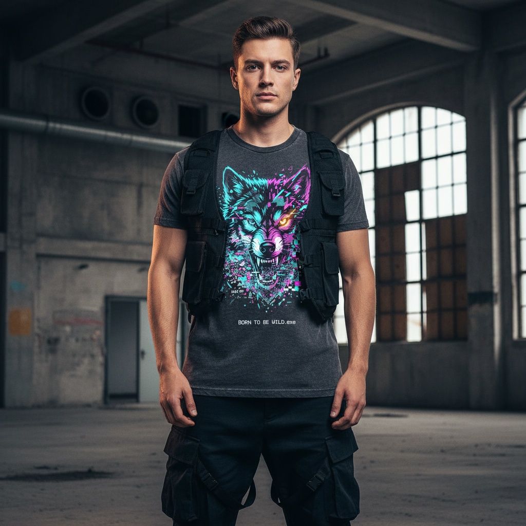 Glitchcore Cyberpunk Wolf Head ‘BORN TO BE WILD.exe’ T-Shirt