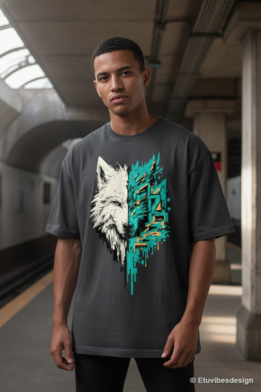 Cyber Graffiti Split Wolf Head Graphic T-Shirt