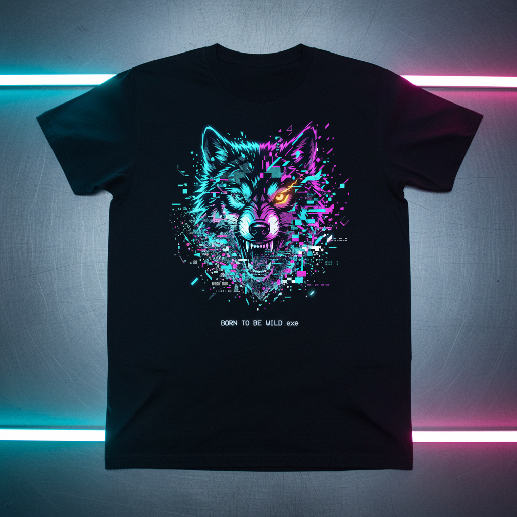 Glitchcore Cyberpunk Wolf Head ‘BORN TO BE WILD.exe’ T-Shirt