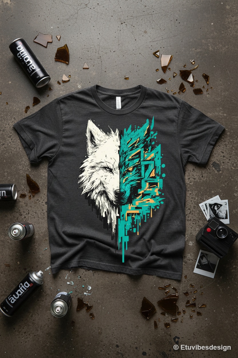 Cyber Graffiti Split Wolf Head Graphic T-Shirt