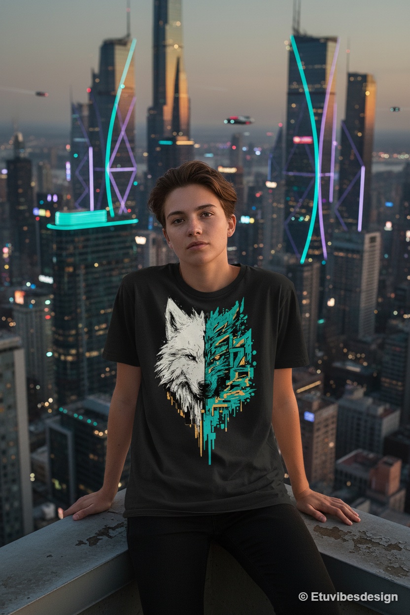 Cyber Graffiti Split Wolf Head Graphic T-Shirt