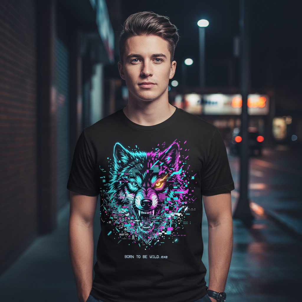 Glitchcore Cyberpunk Wolf Head ‘BORN TO BE WILD.exe’ T-Shirt