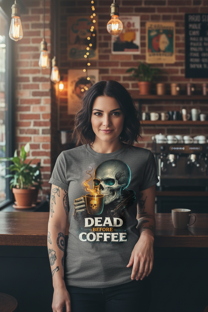 Dead Before Coffee – Teal Skull Graphic Tee