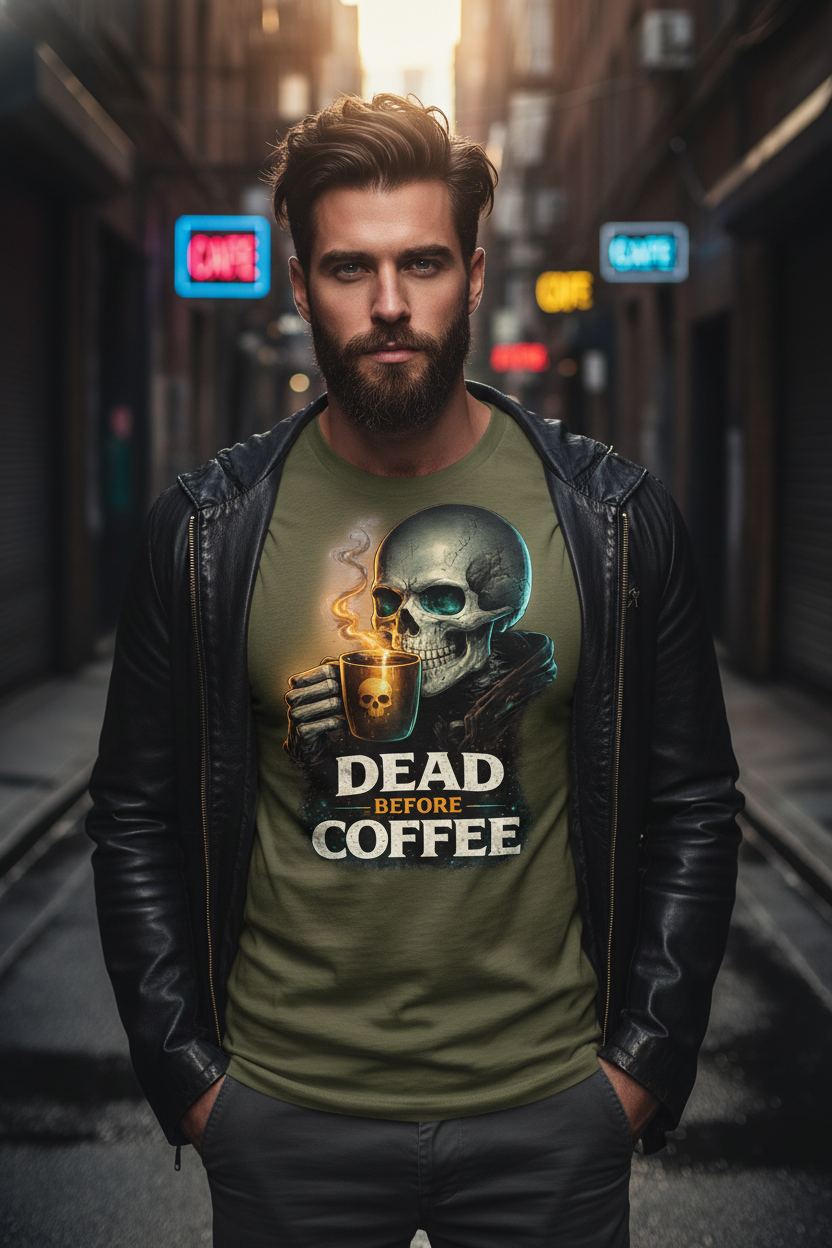 Dead Before Coffee – Teal Skull Graphic Tee