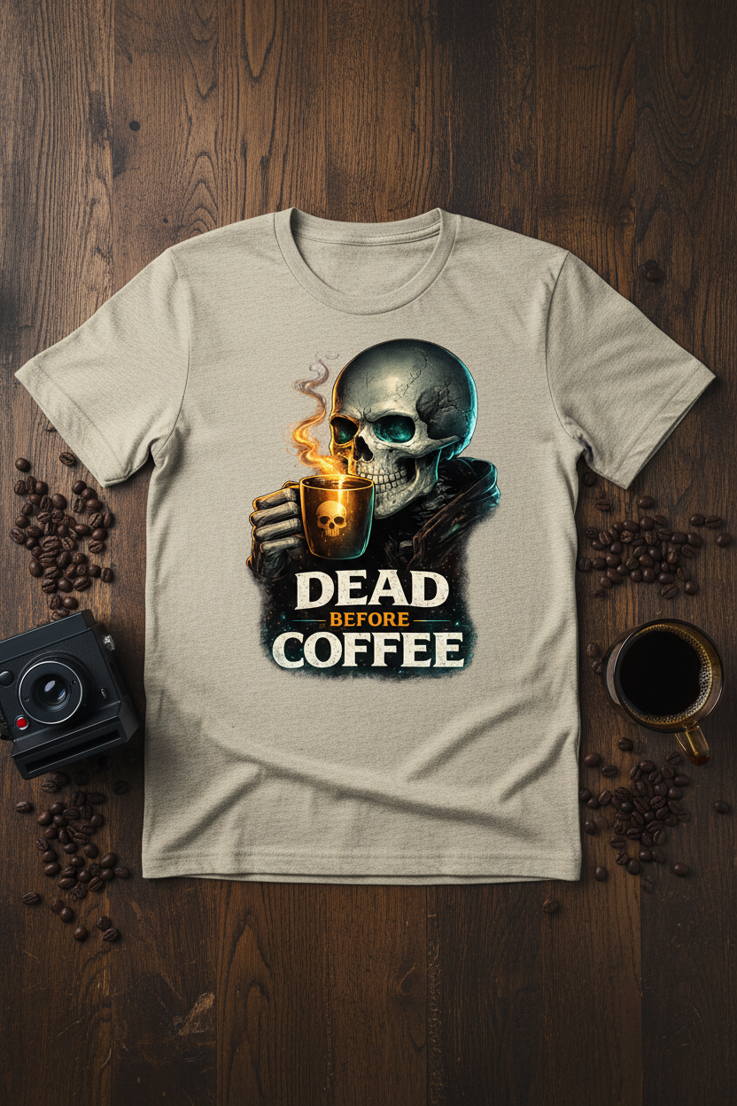 Dead Before Coffee – Teal Skull Graphic Tee